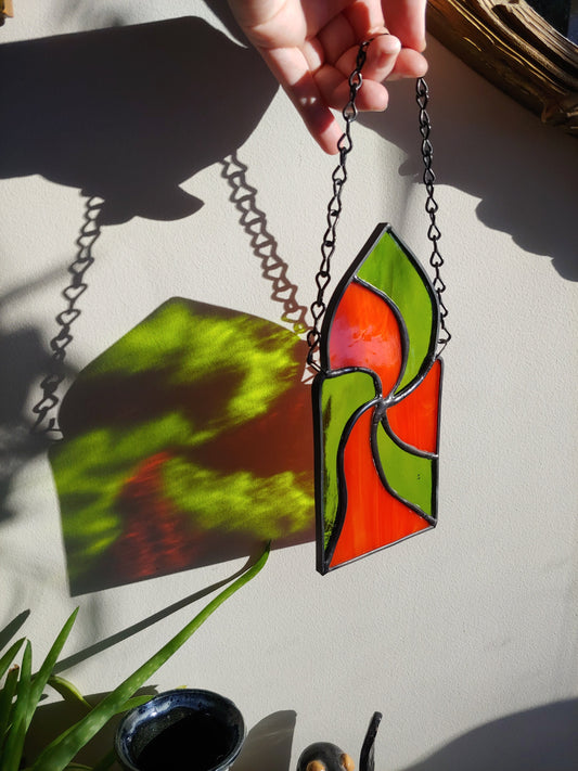Spiral Sun Catcher, Green and Orange Swirl (Ready to Ship)