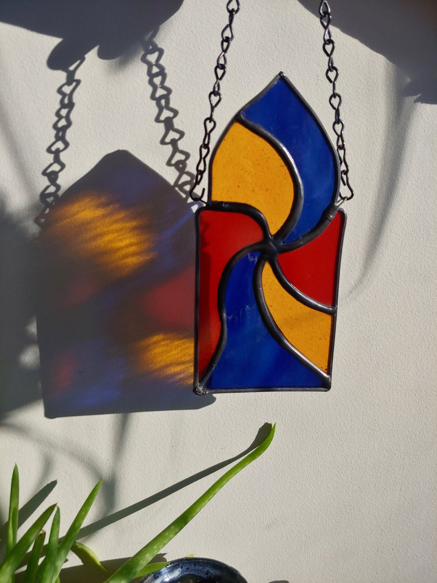 Spiral Sun Catcher, Red, Blue and Amber Swirl (Ready to Ship)