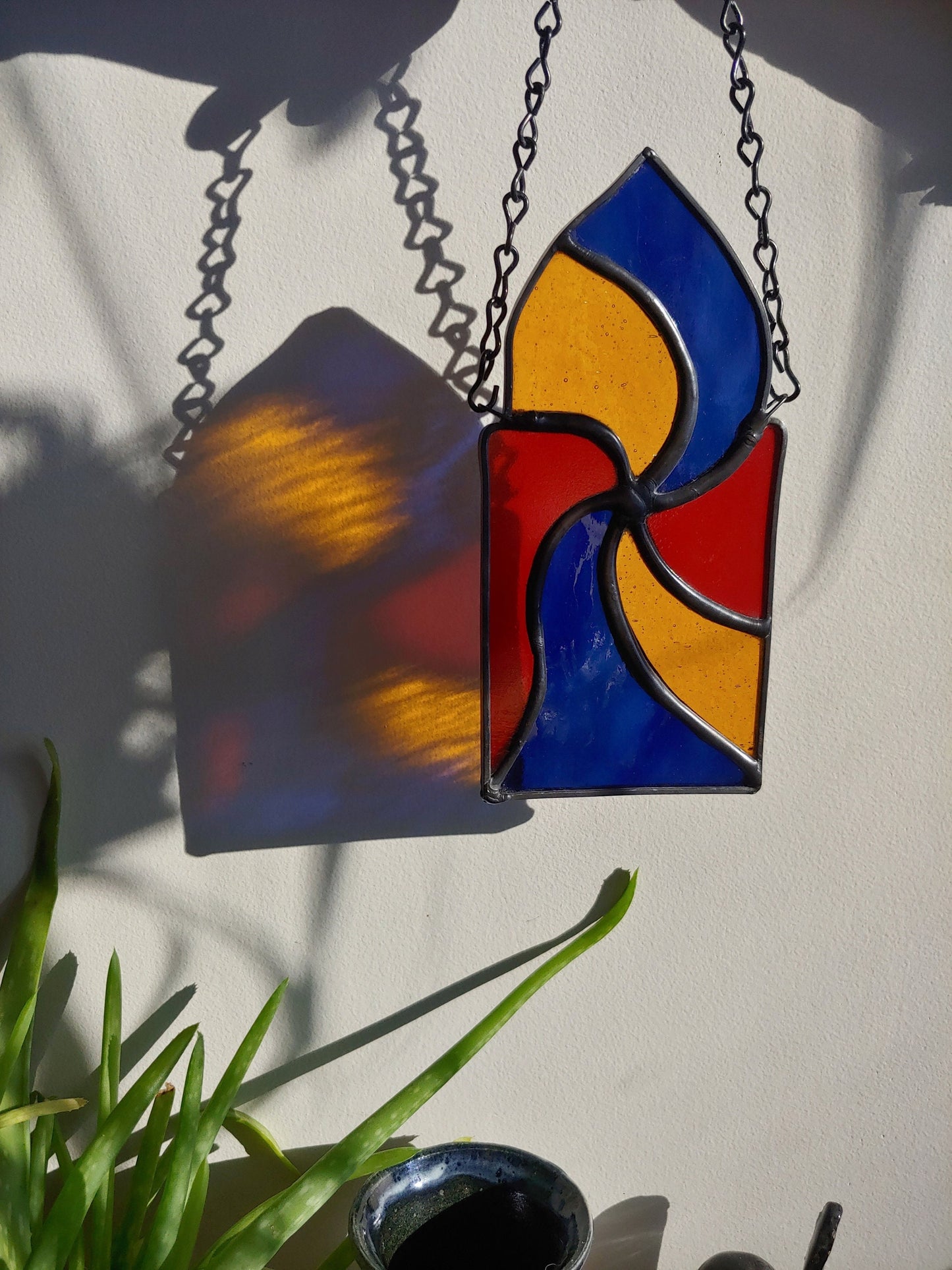 Spiral Sun Catcher, Red, Blue and Amber Swirl (Ready to Ship)