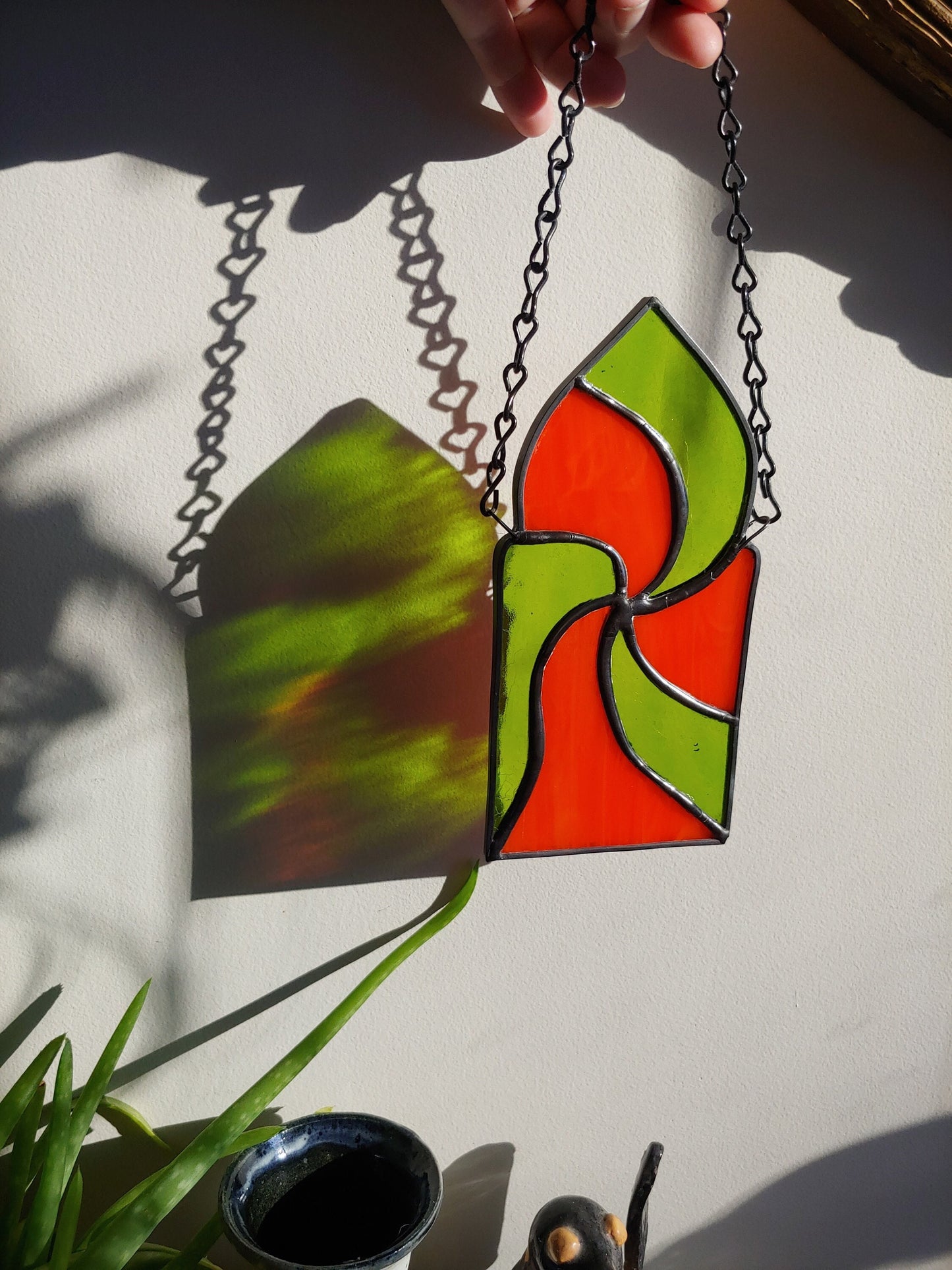 Spiral Sun Catcher, Green and Orange Swirl (Ready to Ship)