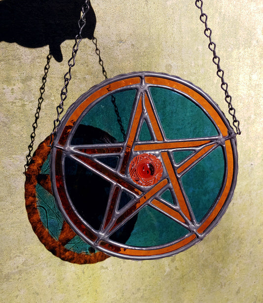 Pentacle Sun Catcher #3 - Navy Blue and Amber (Ready to Ship)