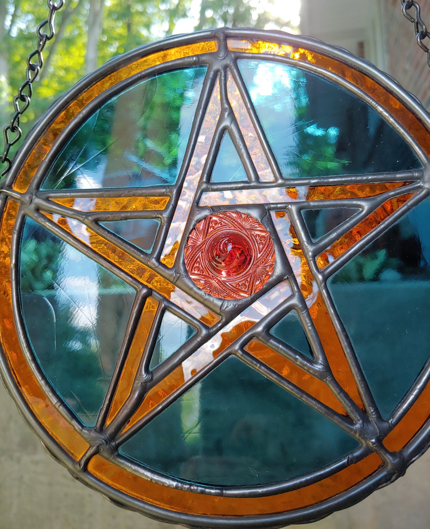 Pentacle Sun Catcher #3 - Navy Blue and Amber (Ready to Ship)